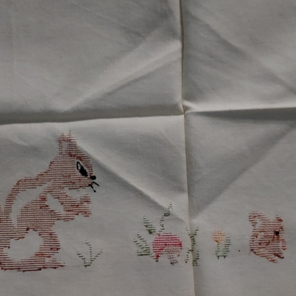 Vintage Tray Cloth Embroidery Chipmucks&Mushroom with fringe 13in.Hx19in.W. - Picture 5 of 6